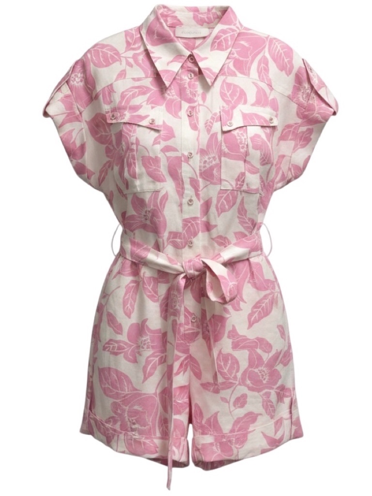 Zimmermann Pink / White Tropical Print Bells Roll Cuff Linen Playsuit / Romper